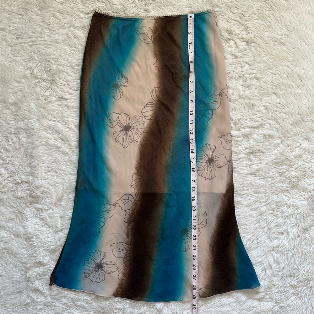 Vintage Fabiola USA Skirt Midi Y2K Pull On Sheer Floral Blue Brown Sz L - Picture 8 of 8